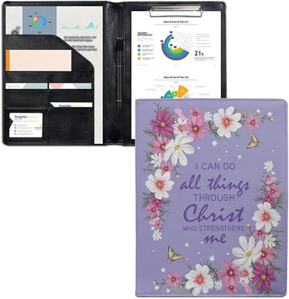 Flower Butterfly Purple PU Leather Padfolio Clipboard Clip Business Resume Portfolio A4 Folder Interview Legal Document Organizer Business Card Holder Letter