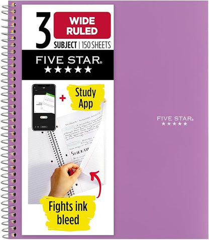 Five Star Spiral Notebook + Study App, 3 Subject, Wide Ruled Paper, Fights Ink Bleed, Water Resistant Cover, 8" x 10-1/2", 150 Sheets, Amethyst Purple (38737)
