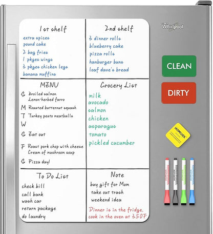 Magnetic Dry Erase Board: Large Fridge Whiteboard, Flexible Refrigerator Magnet White Board, Blank Writing Note Sheet with Dishwasher Magnet Clean Dirty Sign, 4 Markers & Eraser - 23 x 15