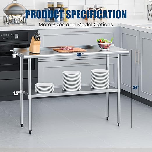 Stainless Steel Table 18 x 48 Inches Metal Prep Table with Backsplash & Adjustable Undershelf for Commercial Kitchen, Outdoor, Restaurant, Hotel & Garage