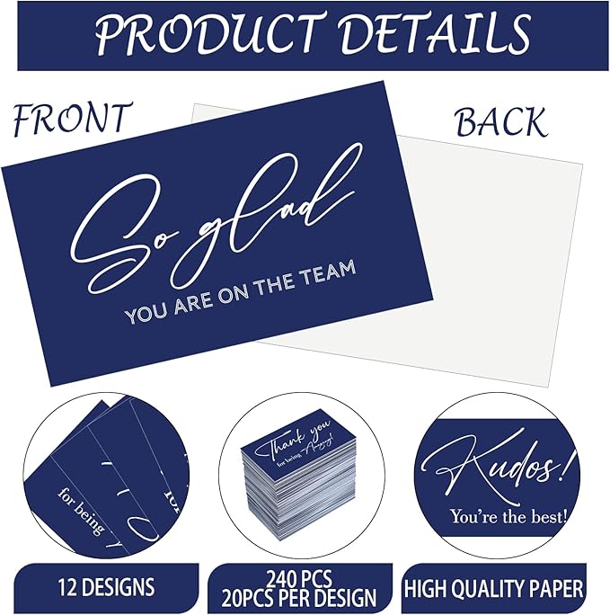 Yeaqee 240 Pcs Employee Appreciation Kudos Cards Funny Blank Back Motivational Card Encouragement Thank You Note Recognition Card for Teacher College Affirmation Gift(Navy Blue)