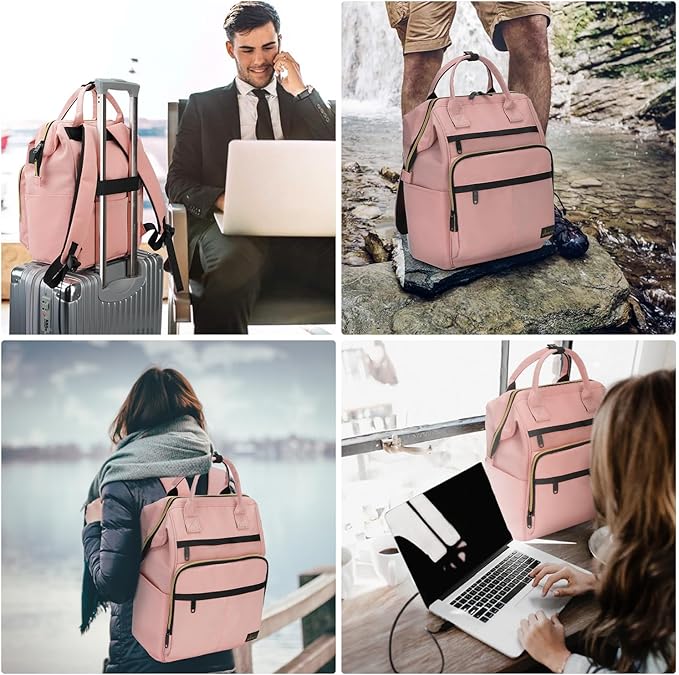 Laptop Backpack for Women and Men 16.5" Waterproof College Bag With USB Port, RFID Pocket, Waterproof, Travel Work Backpack, Anti-theft College Backpack (Pink)