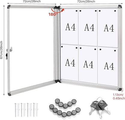 SWANCROWN Lockable Noticeboard White Bulletin Boards Magnetic Wall Mount Message Board with Glass Door and Keys 28x26inch(6xA4)