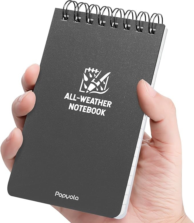 POPYOLA 1 Pack Waterproof Pocket Notebook, 3x5 Pocket Notepad, All Weather Mini Spiral Notepad, Write in the Rain Police Notepad with 100 Squared Pages for Outdoor Home Office School, Grey