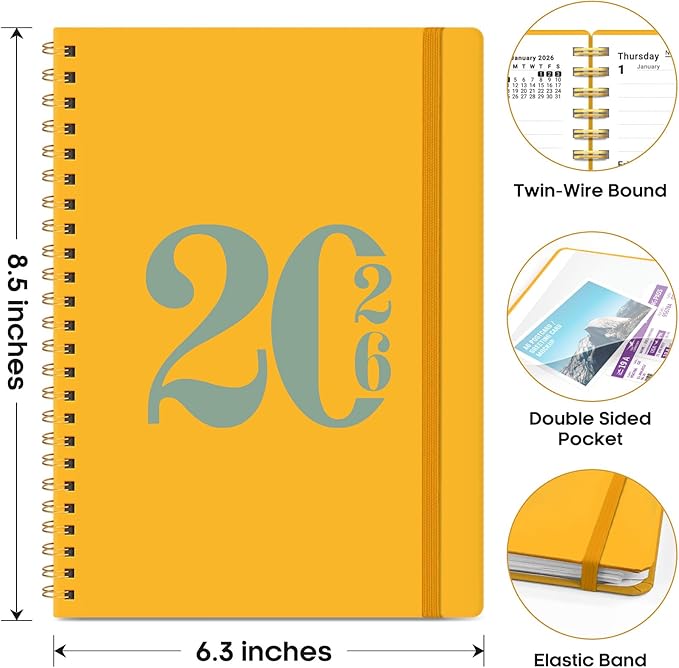 2026 Planner, Weekly and Monthly Calender Planner, Jan 2026 to Dec 2026, Hardcover 2026 Calendar Planner Book with Tabs & Inner Pocket, Office Home School Supplies for Women & Men - A5 (6.3" x 8.5"), Yellow