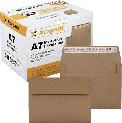 200 Qty Printable A7 Invitation Envelopes 5.25 x 7.25, Self Seal 120GSM Brown Kraft Paper Envelopes for Invitations, Papers, Photos, Documents, Wedding, Baby Shower, Easy to Seal