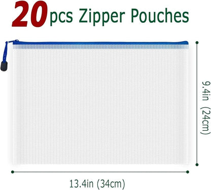 AUSTARK 20 Pcs Zipper File Bags, Plastic Mesh Pouch, Board Game Storage Bag, Waterproof Bags for Office School (A4 Size 13.4''x9.4'', White and Blue)