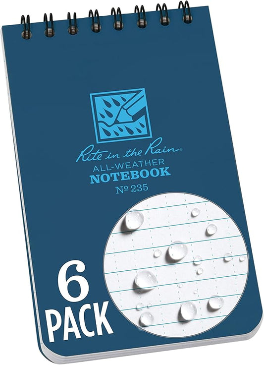 Rite in the Rain Weatherproof 3"x5" Top Spiral Notebook, Blue Cover, Universal Pattern, 6 Pack (No. 235L6)