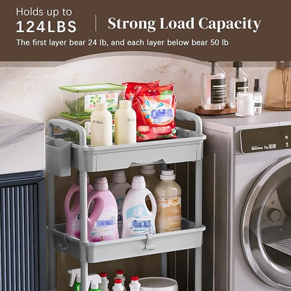 Rolling Utility Cart with Drawer 3 Tier, Utility Storage Organizer with Plastic Shelf & Lockable Wheels Multifunctional Storage Cart for Kitchen, Bathroom, Office, Living Room, Gray