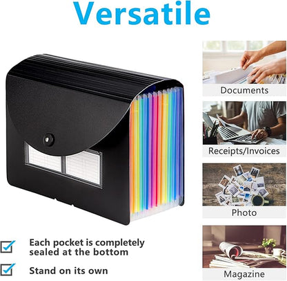 Sooez Accordion File Organizer, 12 Pockets Expanding File Folder, Portable Monthly Paper Bill Tax Receipt Organizer, Letter A4 Size Document Holder with Blank Labels, Black