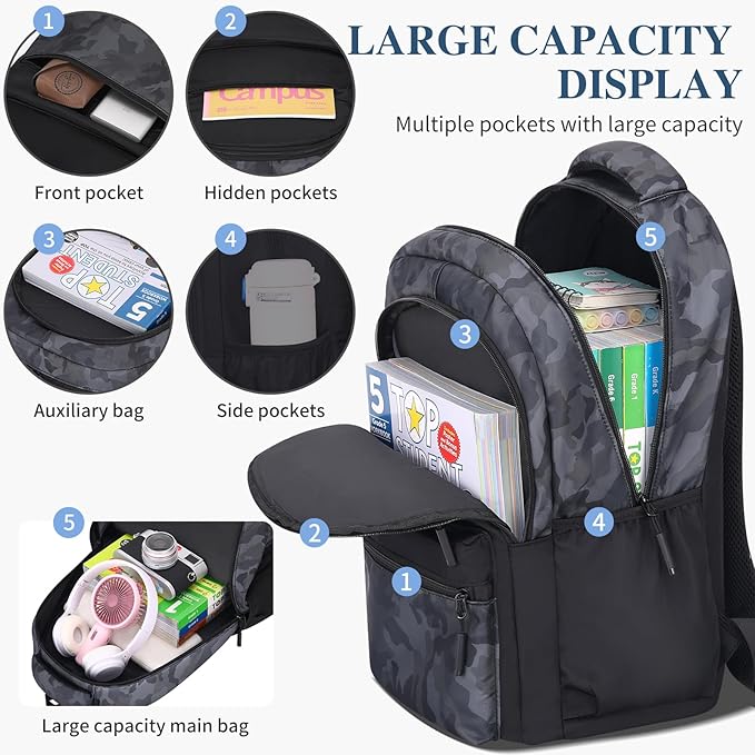 Cute Backpack for School Kids Camouflage Laptop Travel Backpack for Women Men Casual College Teen Bookbag(black)