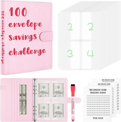 100 Envelopes Challenge Binder, A5 Money Saving Budget Binder with Upgraded Cash Envelopes & Pen, Budget Savings Challenge Book to Save $5,050, 3 Reusable Laminated Saving Challenge Tracker Included