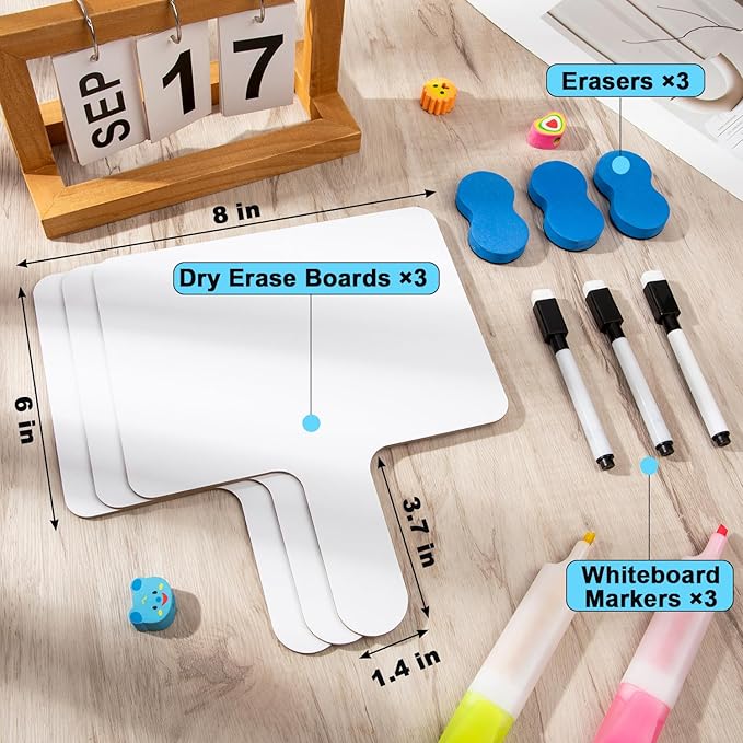 3Packs Dry Erase Paddles with Handle, 3Pcs Double Sided Answer Paddle White Boards with 3 Markers and 3 Erasers for Teaching Meeting Supplies