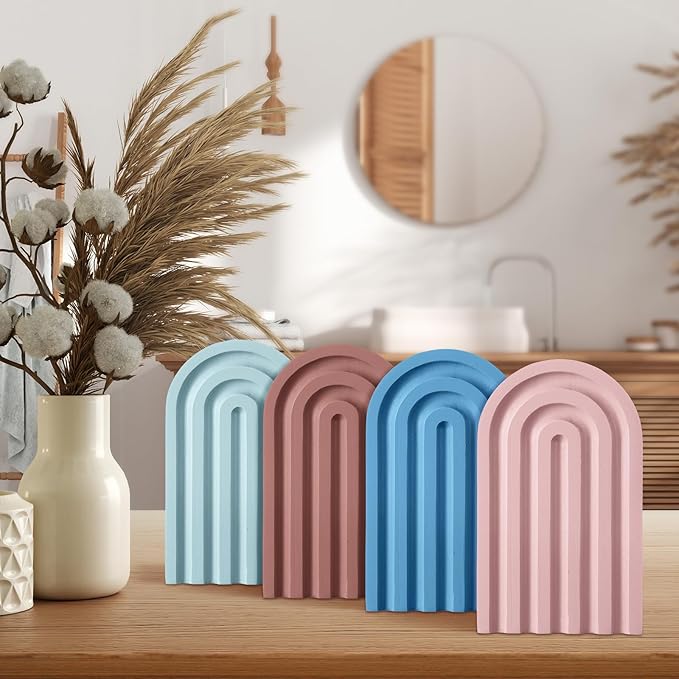 Harloon 4 Pieces Boho Arch Wood Bookends Rainbow Arch Back to School Gift Ideas Non Skid Bookend Decorative Wooden Book Stand Book Stoppers for Books Movies CDs(Morandi Color)