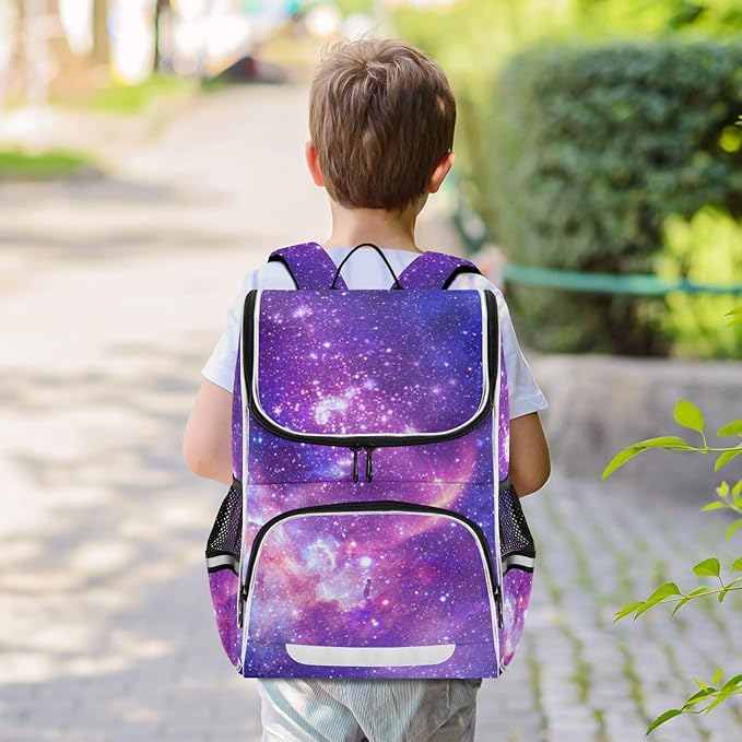 Galaxy Backpack with Reflective Strip for Kids Boys Girls Elementary School Bag Removable Chest Strap