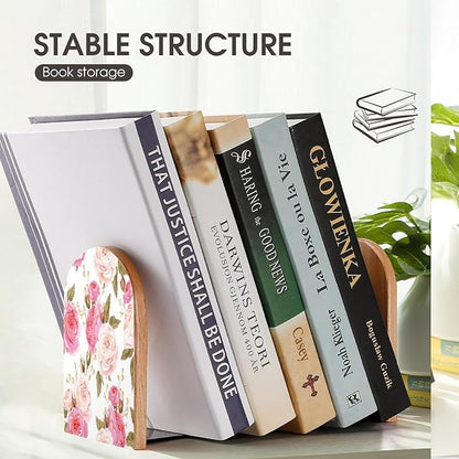 2 Pack Wood Bookends, Pink Floral Flower Rose Non-Skid Book Ends for Heave Books, Decorative Bookends for Shelves Desk, Book Stoppers Book Holders for Home Office Library School