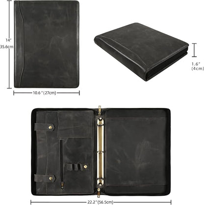 Portfolio Binder 3 Ring, Leather Binder Portfolio Folder for Left-Handed, Zippered Portfolio Padfolio Binder for Women, Leather Portfolio Organizer for Men (Grey, Custom)