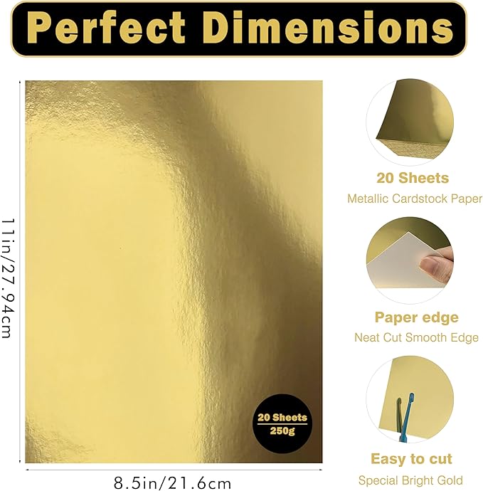 Gold Shimmer Metallic Cardstock Paper - 8.5" x 11" Metallic Paper Square, Golden Foil Mirror Board for Scrapbook, Card Making, Weddings & Birthdays Invitations (20 Sheets Pack, 250gsm)