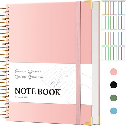 Pink Spiral Notebook College Ruled 8.5 X 11 with Tab Stickers Large Hardcover Notebooks for School Supplies A4 Note Book Journal Notebooks for Work Note Taking Office Women Men Writing, 200 Pages