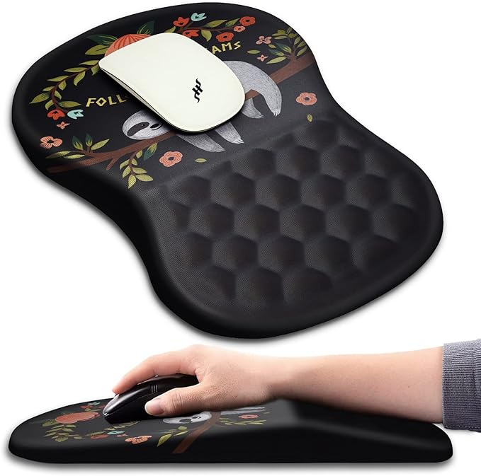 Hokafenle Ergonomic Mouse Pad Wrist Support with Massage Design, Wrist Rest Pain Relief Mousepad with Memory Foam&Non-Slip PU Base, Mouse Pads for Wireless Mouse & Desk (12x8 inch,Cute Sloth)