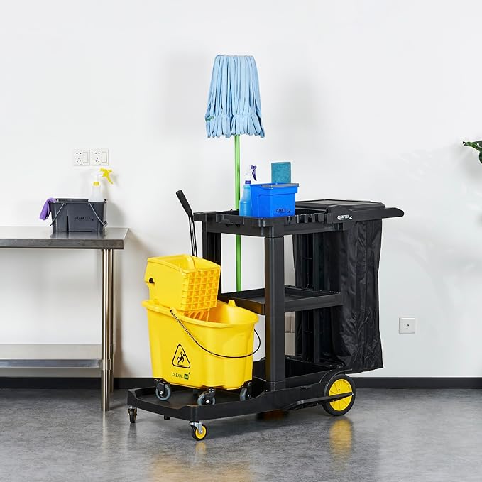 Restaurantware-Clean Tek Professional Janitor Cart with Wheels, 1 Cleaning Trolley with Cover and 21 Gallon Bag - 3 Shelves, Heavy-Duty, Gray Plastic Commercial Janitorial Cart, for Restaurants