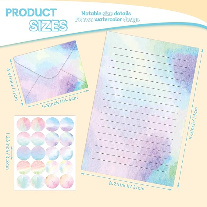 TaoBary 160 Packs Stationery Paper Set (50 Double Sided Stationery Writing Papers 50 Matching Envelopes) 60 Round Dot Sticker, 10 Design(Watercolor,5.5 x 8.25 Inch)