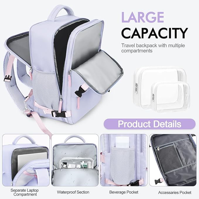 Travel Backpack, Carry-on Backpack Bag Flight-Approved for Men Women, Personal Item Backpack Luggage,Travel Essentials Accessories, Purple