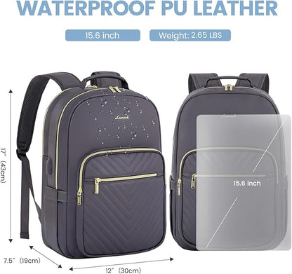 LOVEVOOK Leather Backpack for Women,15.6 inch Leather Laptop Backpack Women Computer Backpack Laptop Bag,Stylish Quilted Travel Backpack Purse Work Bag College Teacher Backpack with USB Port,Purple