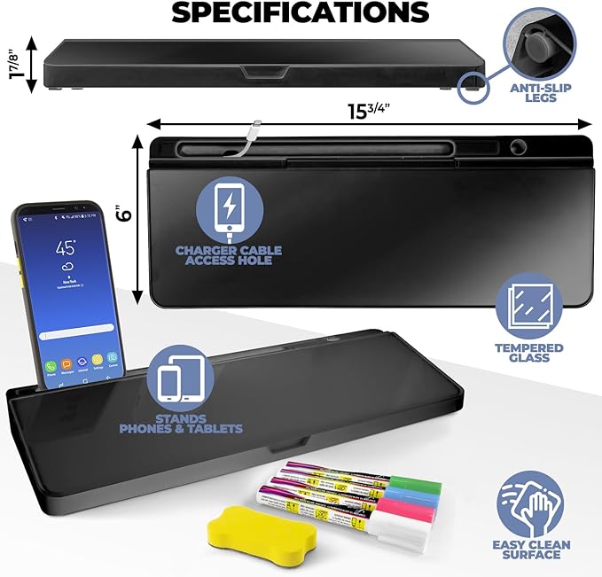 Desktop Whiteboard - Glass Dry Erase White Board - Desk Computer Buddy – Home Office & Studying Essentials - with Phone & Tablet Slot, Storage - Includes 4 Markers, 1 Eraser, Black (2 Pack)