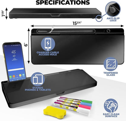 Desktop Dry Erase Board - Glass Erase Board - Black Desk Computer Buddy – Home Office & Studying Essentials - Phone & Tablet Slot, Storage Compartment - Includes 4 Markers, 1 Eraser.