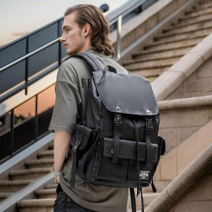 Black Backpack Men, 17.3 Inch Laptop Backpack for Men, Drawstring Anti-theft Waterproof Tech Backpacks with Laptop Compartment