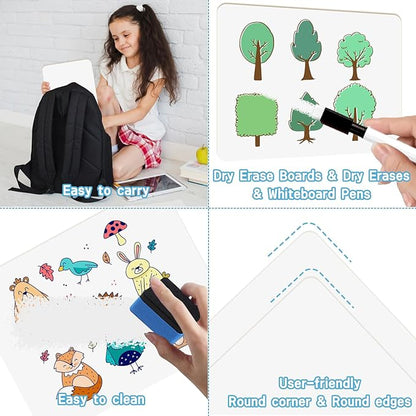 Set of 12 Small White Board Dry Erase Boards Classroom Pack 9" x12” Double Sided Personal Whiteboards for Students Teachers School Supplies Lapboards Mini Whiteboard Erasers Incl and Colors Pens