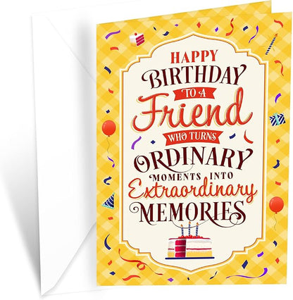 Prime Greetings Friend Birthday Card, Made in America, Eco-Friendly, Thick Card Stock with Premium Envelope 5in x 7.75in, Packaged in Protective Mailer