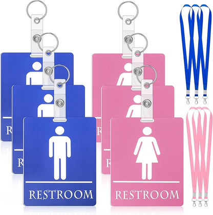 6 Set Bathroom Pass Restroom Pass with Key Holder Keychain with Lanyard PVC Blue and Pink Restroom Passes for Classrooms Women Men