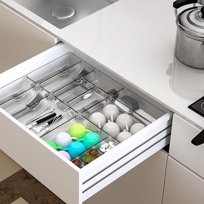 25 pc Clear Plastic Drawer Organizer Set,4 Size Small Storage Containers for Organizing Jewelry,Utensil,Junk,Tea,Makeup,Shallow Drawer Organizers Tray Suitable for Office,Desk,Bathroom,Vanity,Kitchen