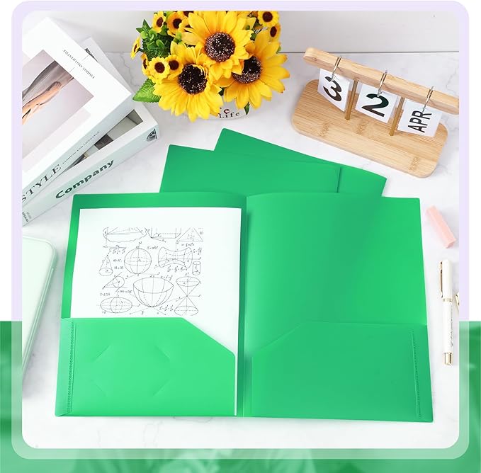 Gueevin 50 Pcs Plastic Folders with Pockets, Two Pocket Folder Fit Letter Size, Heavy Duty School Business Card Holder for Home Office School Bussiness, 11.61 x 9.45 Inches (Green)