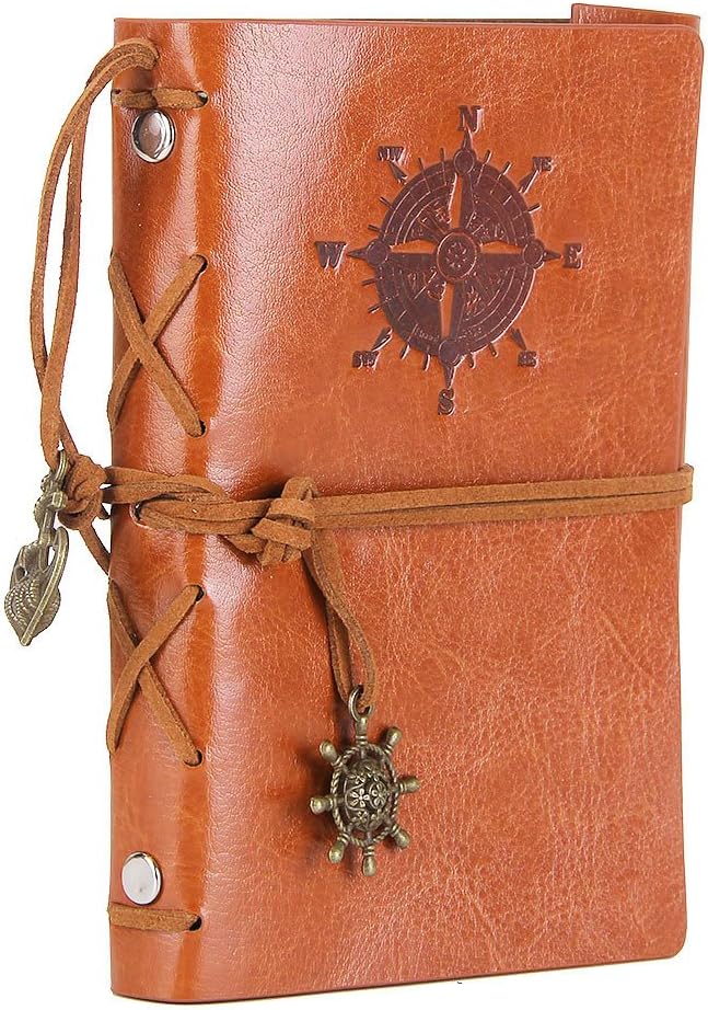 EvZ Leather Writing Journal Notebook, 5 Inches Vintage Nautical Spiral Blank String Diary Notepad Sketchbook Travel to Write in, Unlined Paper, Retro Pendants, Classic Embossed, Brown