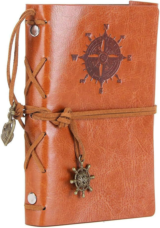 EvZ Leather Writing Journal Notebook, 5 Inches Vintage Nautical Spiral Blank String Diary Notepad Sketchbook Travel to Write in, Unlined Paper, Retro Pendants, Classic Embossed, Brown