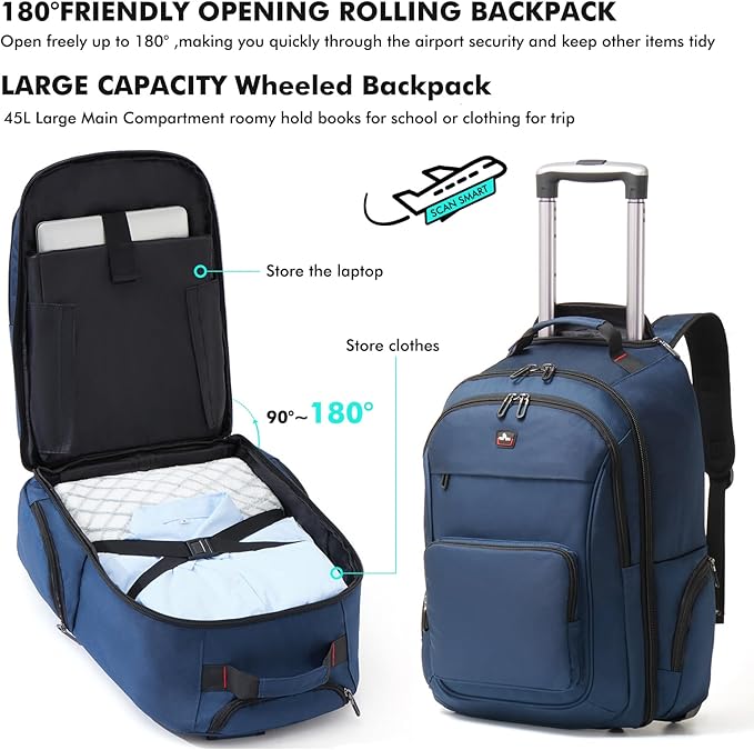 Rolling Backpack for Adults, 15.6 inch Laptop Wheeled Backpack, Travel Backpack with Wheels, Carry on Luggage Business Trolley Suitcase Computer Bag Men Women Blue