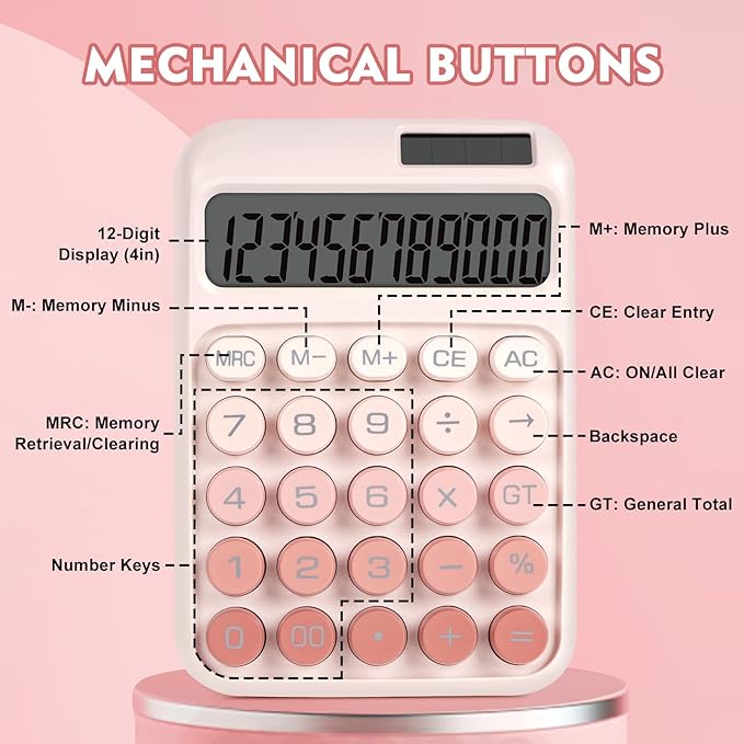 Mechanical Switch Calculator with Big Buttons, Calculators Desktop, 12 Digits, Solar Battery Power, Desk Calculator, Large LCD Display, Cute Pink Calculator for Teachers Students Basic Office