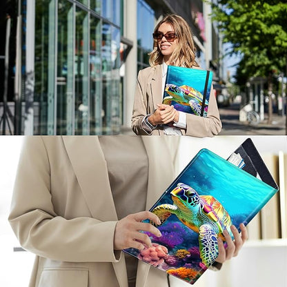 PU Leather Padfolio Folder Clipboard Portfolios Organizer Conference Document Organizer with Business Card Holder Storage Clipboard Writing Pad,Turtle Corals