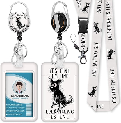 Lanyards for Id Badges, I'm Fine Everything is Fine Badge Holder with Retractable Reel Clip, Funny Dog Name Tag Lanyard Vertical ID Card Protector Case for Women Nurse Doctor Teacher Student