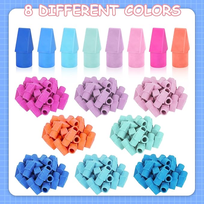 PRALB 400PCS Chisel Shape Pencil Eraser Caps Pencil Erasers Assorted Colors for Party Favors Games Prizes Pencil Top Erasers Home School Office, Color 2