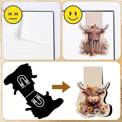 Highland Cow Magnetic Bookmark - 6 Pcs Funny Animal Book Mark Magnets Cute Cow Bookmarks Magnetic Floral Magnets Bookmark Page Clip Gift for Book Lovers Students Teacher Reading Book Marks