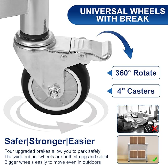 Stainless Steel Table for Prep & Work 36 x 24 Inches with Caster Wheels,Commercial Heavy Duty Metal Table with Undershelf for Home,Restaurant and Hotel Kitchen (36" x 24")