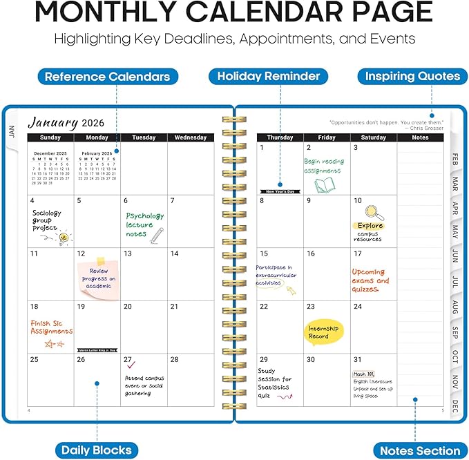 2026 Planner, Weekly and Monthly Calender Planner, Jan 2026 to Dec 2026, Hardcover 2026 Calendar Planner Book with Tabs & Inner Pocket, Office Home School Supplies for Women & Men - A4 (8.5" x 11"), Azure Blue