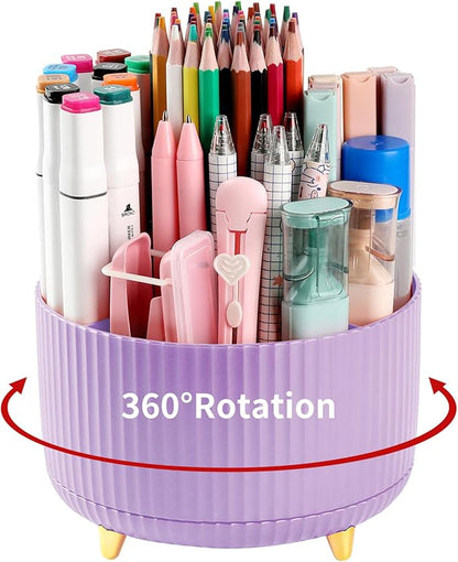 Desk Pen Holder, 5 Slot 360 Rotating Pen Organizer for Desk, Desktop Storage Stationery Supplies Organizer, Cute Pencil Cup Pot for Office, School, Home, Art Supply, Purple