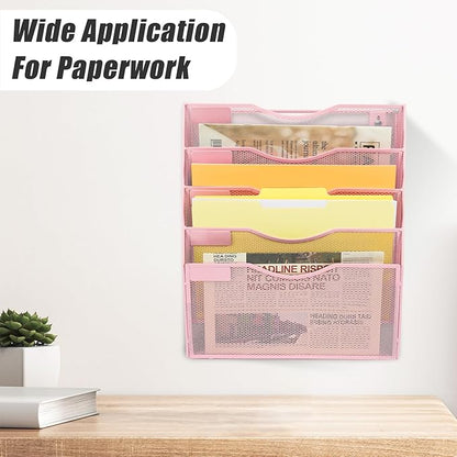 EASEPRES 5 Pocket Mesh Hanging Wall File Organizer, Wall Mounted Mail Paper Document Folder Holder, Clipboard Storage Organization Magazine Rack with Nametag Label for Office Home School, Pink
