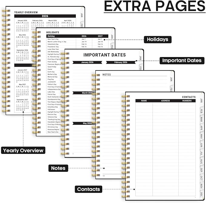 2026 Planner, Weekly and Monthly Calendar Planner, January 2026 - December 2026, Hardcover 2026 Calendar Planner Book with Tabs For Women & Men, Inner Pocket, Spiral Bound, Perfect for Office Home School Supplies - A5 (6.3" x 8.5"), Black