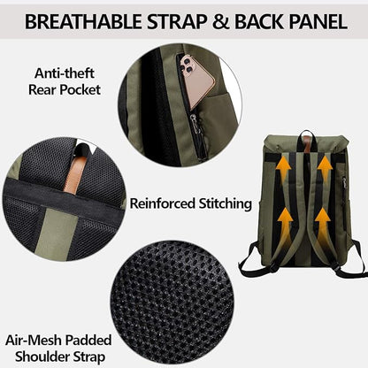 Kasqo Backpack for Men and Women, 15.6 Inch Laptop Backpack Large Capacity Water Resistant Drawstring Flap Bag, Green